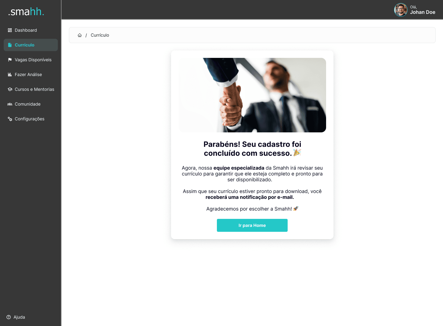 Tela de Confirmação de Cadastro