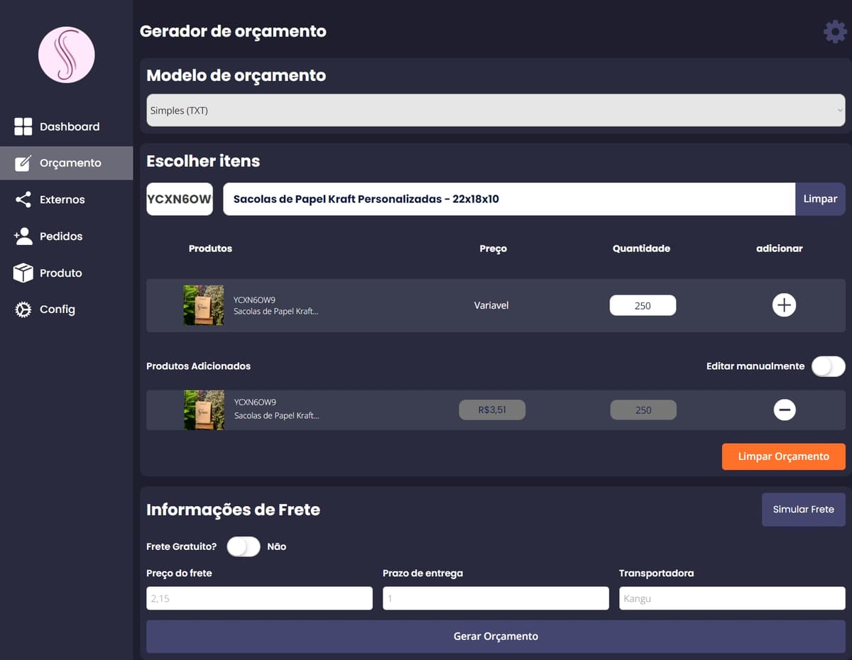 Painel de Geração de Orçamento