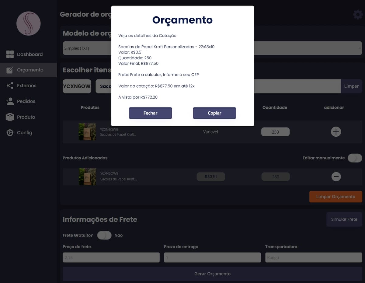 Modal de Orçamento Gerado