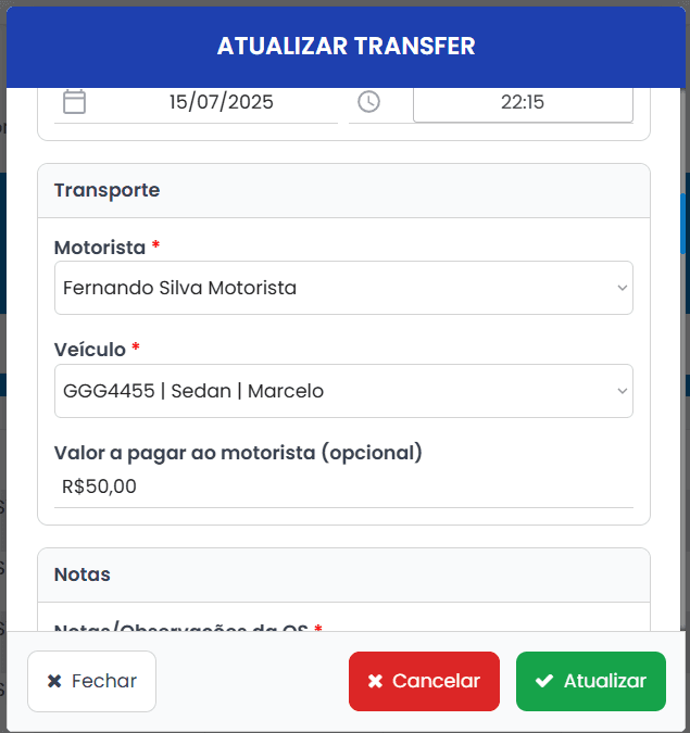 Atualização de Transfer: Alocação de Motorista