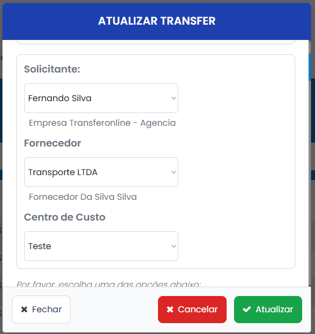 Atualização de Transfer: Centro de Custo