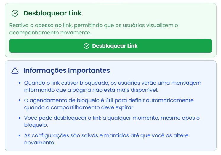 Interface para Desbloqueio de Link de Acompanhamento