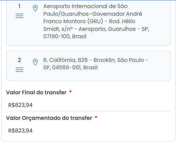 Cálculo de Rotas e Valor Final do Transfer